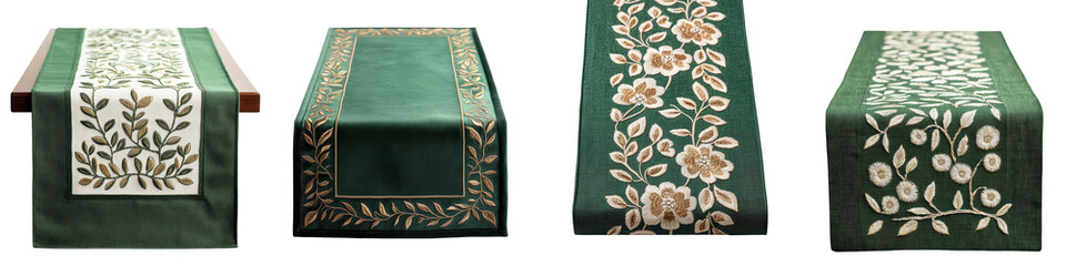 Fototapeta premium Luxurious green and beige floral patterned table runner or carpet with ornamental leaf and flower design Ideal for home interior setting or as a bohemian traditional textile accent