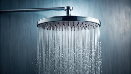 Water droplets falling from a showerhead in a bathroom interior, creating a soothing mist