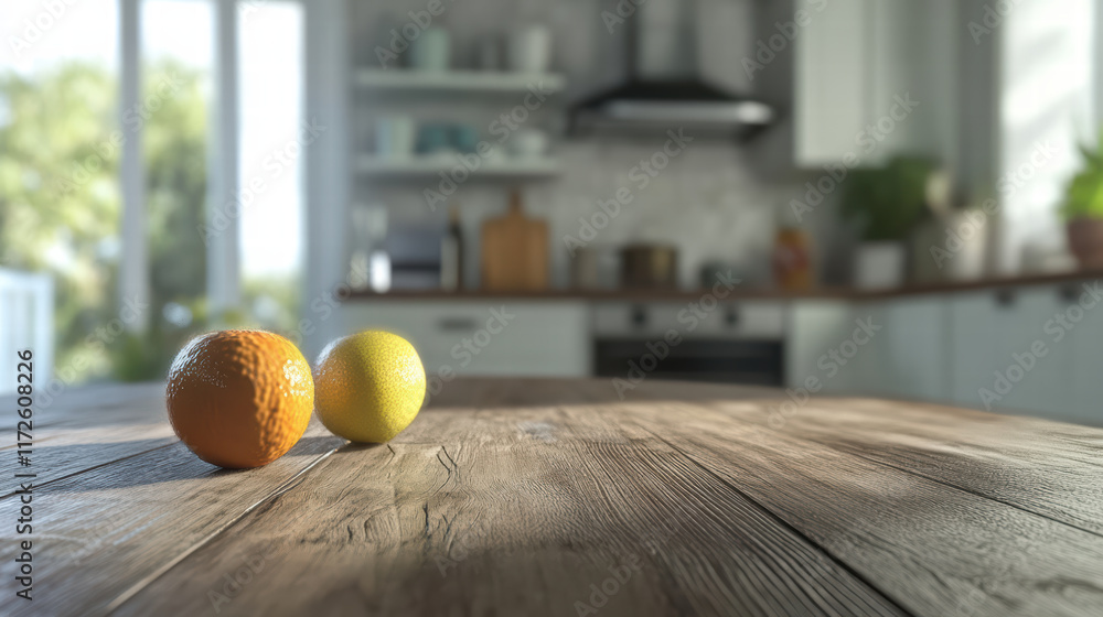 Poster fresh oranges and lemons on rustic wooden table in bright kitchen, creating warm and inviting atmosp