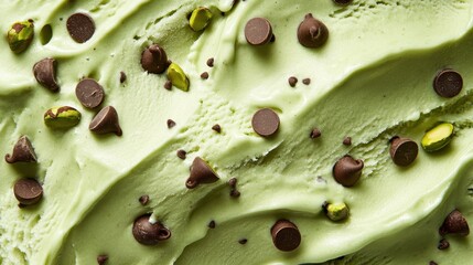 Close up view showcasing a scoop of green pistachio ice cream,Pistachio green ice cream with nuts,Top view of ice cream isolated for package design of pistachio ice cream,banner menu concept.