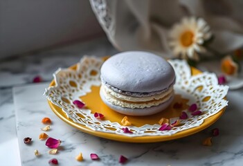 Delicate Lavender Macaron Resting on a Bright Yellow Plate Adorned With Petals