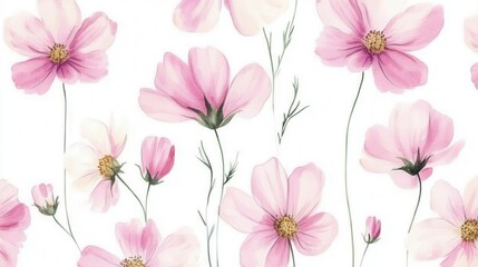 Watercolor Illustration set of Pink cosmos flowers on a white background,spring summer nature,Vibrant pink cosmos blooming,Children's card,banner,raindrops drawn by hand.