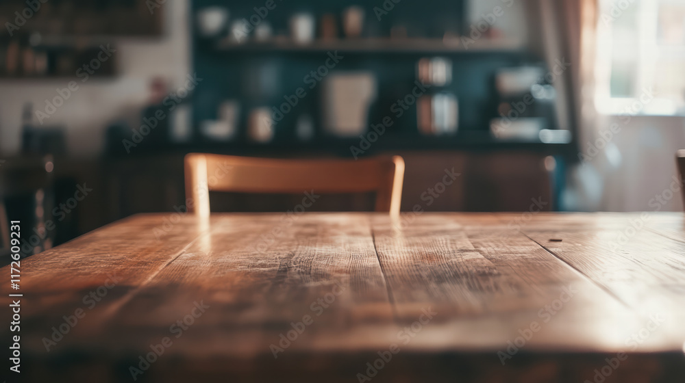 Poster rustic wooden kitchen table with soft focus, creating warm and inviting atmosphere. background featu