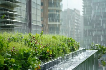 A green-roofed urban stormwater system absorbing rainfall during a sudden downpour.