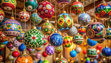 Colorful, ornate, and intricately designed Navide?o ornaments in the shape of balls hanging from the ceiling of a traditional Mexican or Latin American home, Ball Ornaments, Latin American Culture