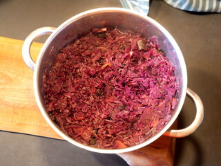 Cooked red cabbage, a popular side for roasts and festive meals. Perfect for winter designs, culinary visuals, and holiday-themed concepts.