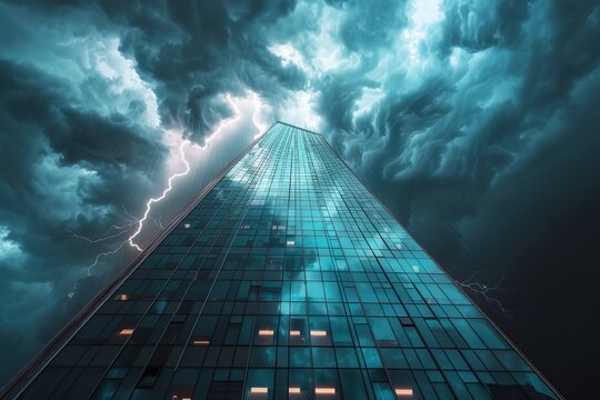 A lightning protection system installed on the rooftop of a tall glass skyscraper, with storm clouds above.