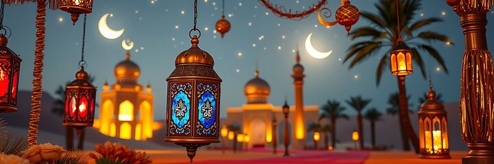 Fototapeta premium Ramadan kareem, eid concept panorama Background