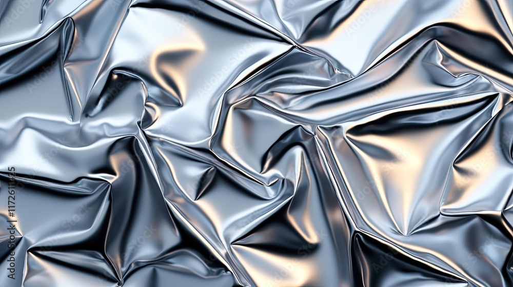 Poster Metallic abstract background concept. Close-up of crumpled metallic texture with reflective surface and intricate details.
