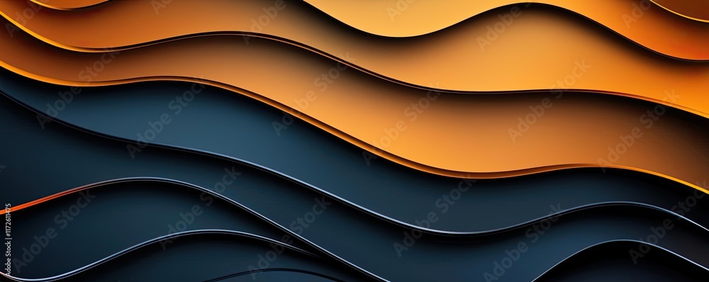 Poster Metallic abstract background concept. Abstract waves in orange and black create a modern artistic background for design.