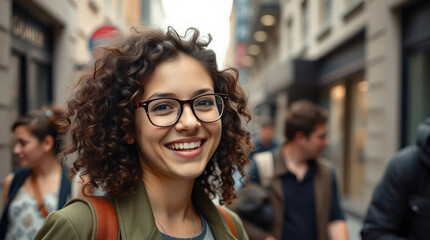 Happy young student with curly hair and eyeglasses smiling while walking in a crowded city street