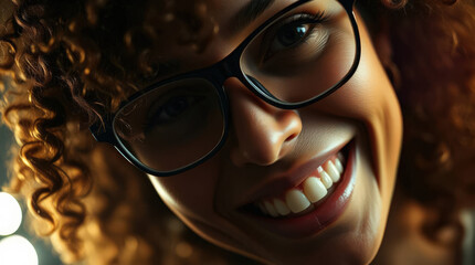 Close up portrait of a cheerful young woman with eyeglasses and curly hair, showing her perfect smile and teeth