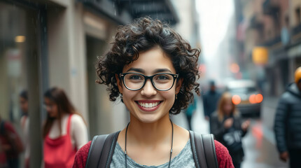 Portrait of a cheerful young student wearing glasses and a backpack smiling on a rainy city street