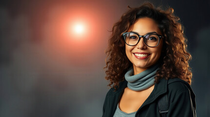 Studio portrait of a cheerful young woman with curly hair, wearing eyeglasses and a gray scarf, against a blurred background with a warm light