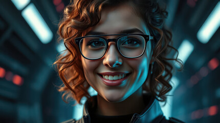 Portrait of a young female programmer smiling, wearing glasses, in a server room with blue and red lights