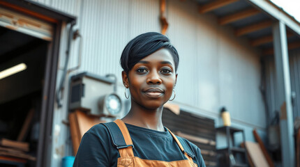 Portrait of a young african american woman wearing overalls and smiling in a storage room or warehouse