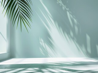 a minimalist and serene scene with a soft, pastel green wall and a white surface. There is a large shadow of a palm leaf cast on the wall and surface, creating a calming and natural atmosphere