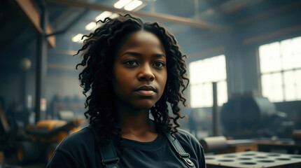 Portrait of a young african american woman working as an engineer in a large industrial factory