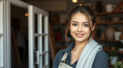 Portrait of a smiling young asian entrepreneur radiating confidence and warmth while managing her thriving retail store
