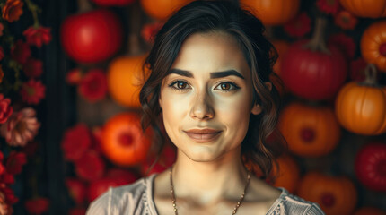 Portrait of a beautiful young woman smiling with a background of pumpkins and fall flowers