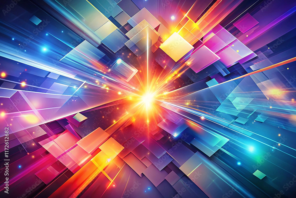 Poster abstract vibrant explosion of colorful geometric shapes and light rays.