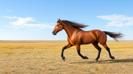 A brown horse galloping across a vast, open landscape.