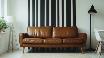 Brown leather sofa in modern living room with black and white striped wall.