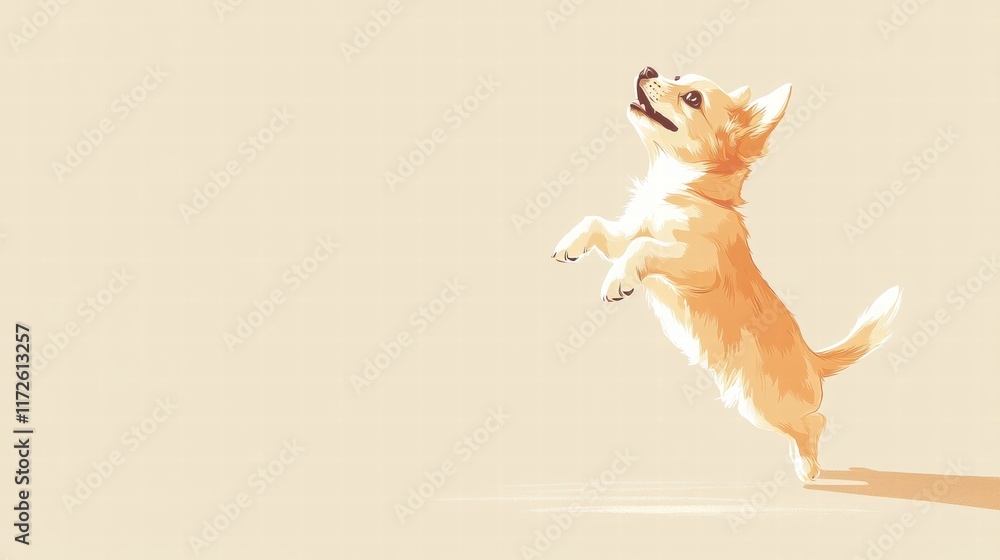 Aufkleber Joyful puppy showing enthusiasm while jumping in a light sandy background during a sunny day. Generative AI