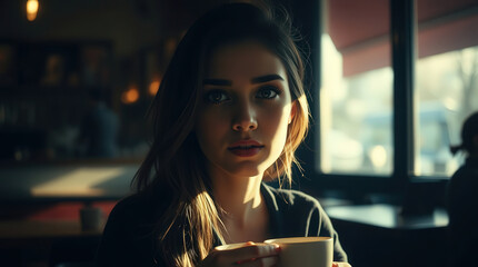 Beautiful young woman drinking coffee or tea in a cafe, enjoying a quiet moment by the window