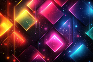Obraz premium Neon squares connected by light streaks on sparkling cosmic background for digital wallpaper