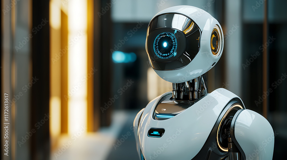Poster advanced futuristic robot design in modern setting: ai innovation and technological advancement