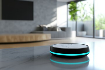 Modern smart speaker on a coffee table in a bright living room with natural light