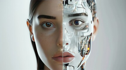 Humanoid Robot Face with Half Human Female and Half Android Machine