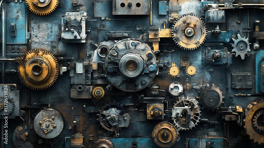 Poster abstract pattern of mechanical components and gears on metal surface