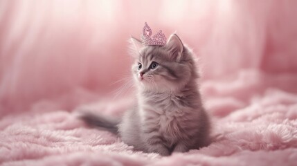 Fluffy kitten wearing a pink tiara, sitting elegantly on a soft pink backdrop.