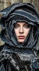 Intense Portrait of Woman with Denim Headscarf and Serious Expression