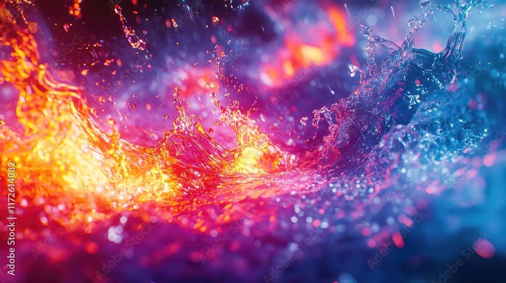 Poster Splash abstract background concept. Vibrant display of colorful water splashes and lava-like textures in a dynamic scene.