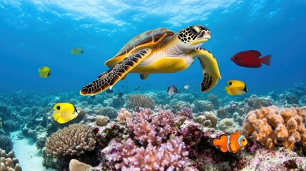 Naklejka premium Underwater scene with a sea turtle and colorful fish among coral.