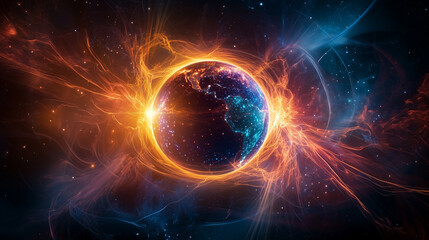 Obraz premium Glowing Earth surrounded by swirling energy lines