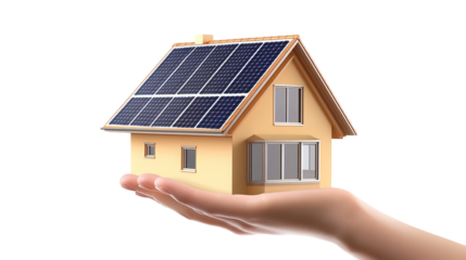 Hand holding house with solar panels on the roof isolated on a transparent background