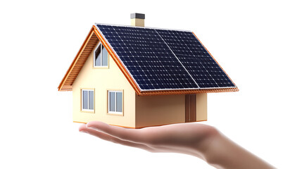 Hand holding house with solar panels on the roof isolated on a transparent background