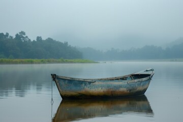Obraz premium A rustic boat rests quietly on the calm waters of the river, surrounded by a hazy landscape of trees and greenery during an early morning fog
