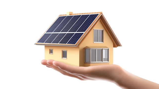 Hand holding house with solar panels on the roof isolated on a transparent background