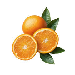 Fresh ripe orange with green leaf isolated on white transparent background