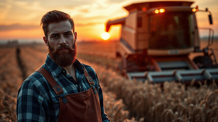 Bearded farmer standing in wheat field with combine harvester working in background at sunset