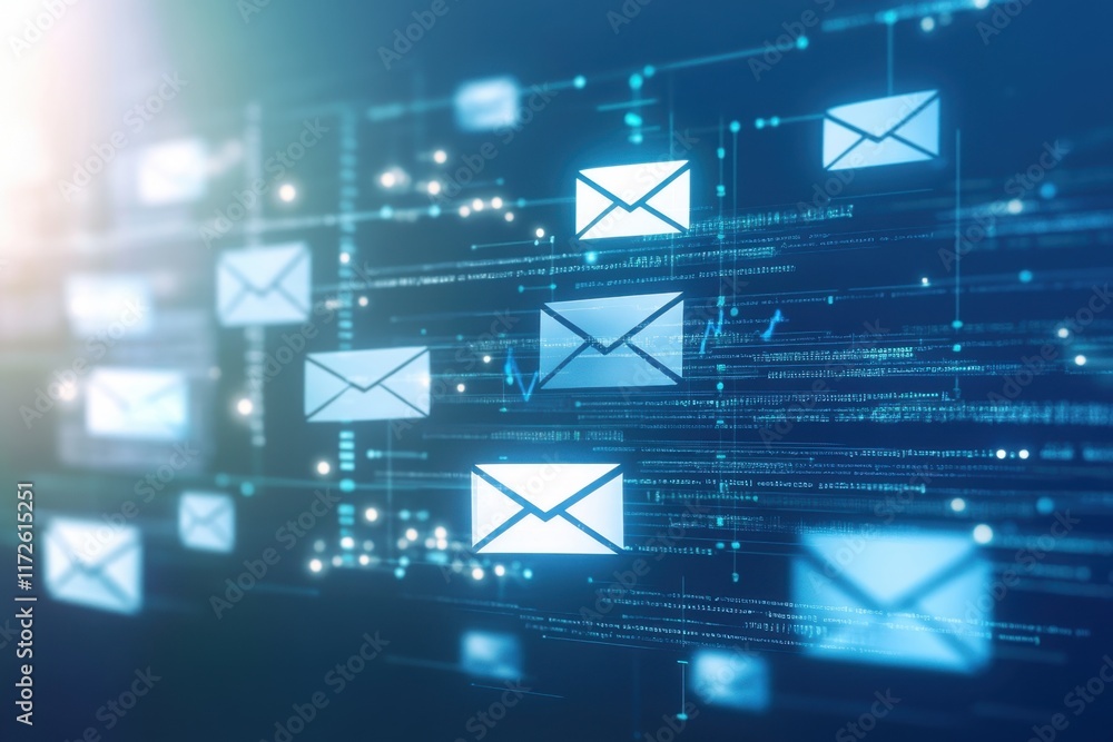 Poster digital communication network with floating email icons and data patterns