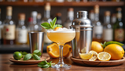 Fototapeta premium Cocktail garnished with mint and citrus fruits on bar counter