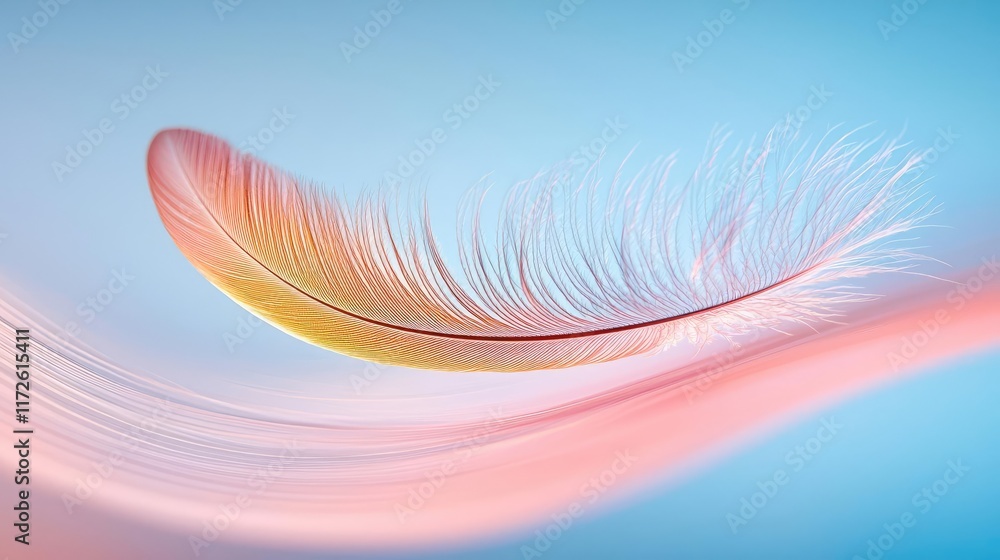 Poster Feather abstract background concept. A delicate feather floats gracefully on a soft pastel background.