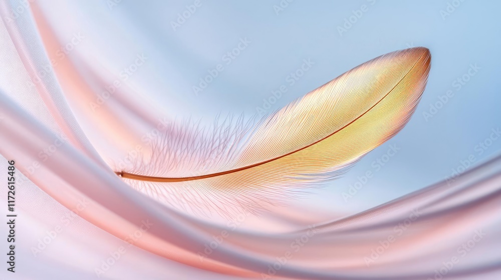 Poster Feather abstract background concept. Delicate feather gracefully resting on soft pastel fabric, evoking calm and serenity.