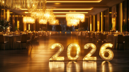 Elegant indoor dining hall with illuminated 2026 backdrop